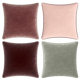 Blau Marité Decorative Velvet Throw Pillow Covers with Trim. Soft Velvet Decorative Pillow Cases. Velvet Cushion Covers. Contrast Pipping.(Aubergine, Pink and Grey, 18"x18", 4 Units)