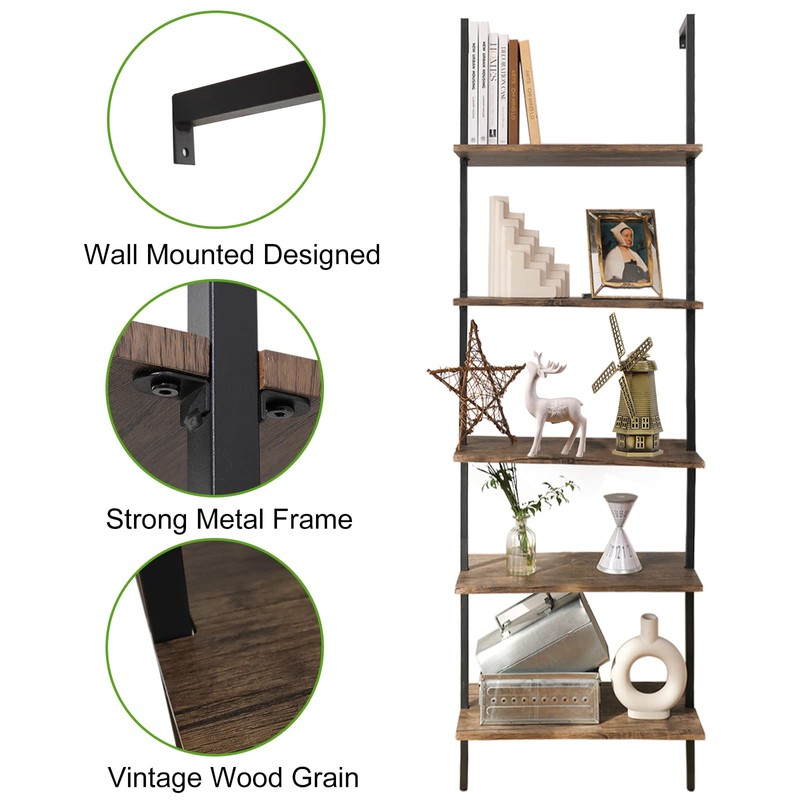 aboxoo Ladder Shelf Open Bookshelf 5-tier Wood Wall-mounted Bookcase Storage