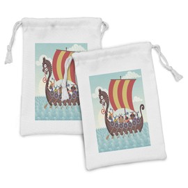 Ambesonne Vikings Fabric Pouch Set of 2, Whimsical Cartoon Illustration of Dragon Ship and Funny Characters, Small Drawstring Bag for Toiletries Masks and Favors, 9" x 6", Pale Seafoam Multicolor