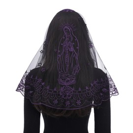 Bozidol Church Catholic Veils for Women, Black Purple D Shape Our Lady of Guadalupe Embroidered Lace Mantilla Chapel Veil, Lent Advent Prayer Head Coverings with Clips