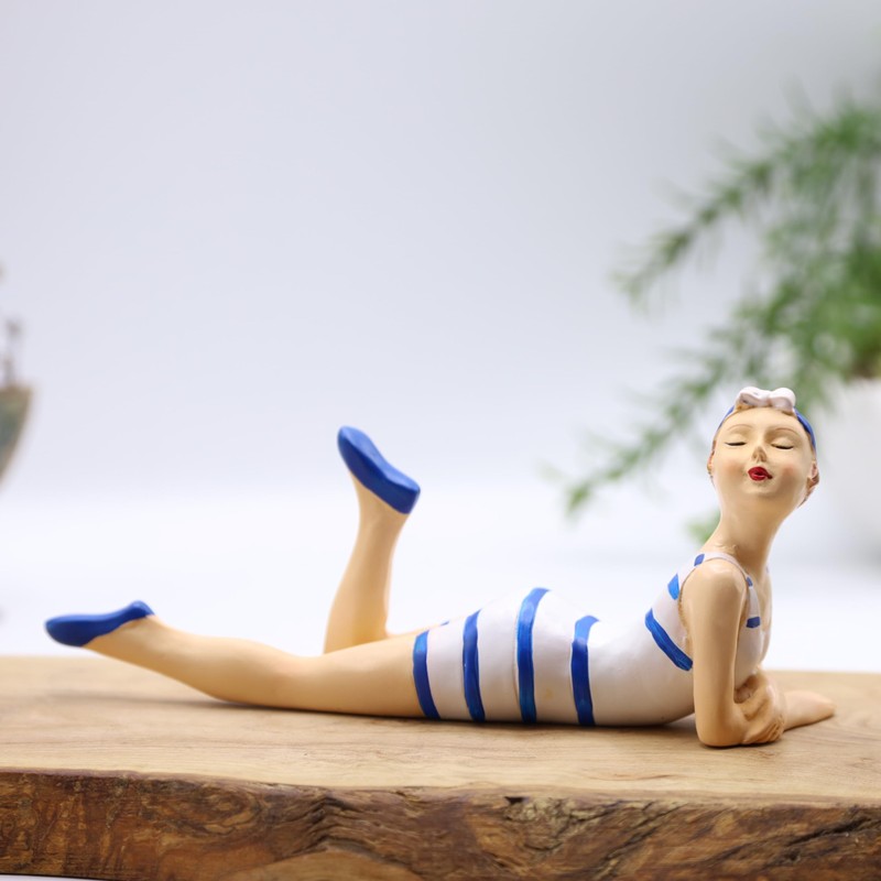 Bathing Lady Ornament Blue & White 15cm Seaside Beach Bathroom