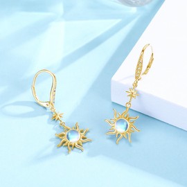 MEDWISE Moonstone/Opal Earrings Women 925 Sterling Silver Star Earrings Sun Moonstone Drop Earrings Gold Ectagonal Star Hanging Earrings Moonstone Jewellery for Women Ladies Girlfriend Lovers,