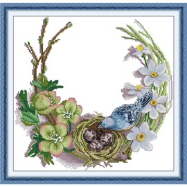 CROSSDECOR - Kit de punto de cruz estampado, diseño de corona de rodar de pájaros, juego completo para principiantes o adultos, 11 CT 3 hebras, kit de costura de cruz, manualidades, para regalo y