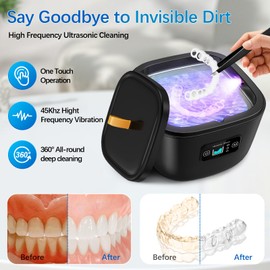 Retainer Cleaner Machine - Raccomb 45kHz LED Light Cleaner for Dentures, Aligner, Mouth Guard, Night Guard Cleaner, 255mL Sonic Cleaning Machine for Jewelry, Dental Appliances