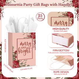 Sweetude 25 Pack Christmas Gift Bags with Tissue Paper Poinsettia Favor Bags with Handles Small Gift Bags for Christmas Holiday Party Merry and Bright Paper Bags, 5.91 x 3.15 x 8.27 Inches