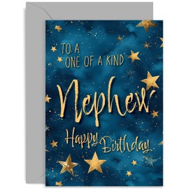 Stylish Star Sky Birthday Card for Nephew - One of a Kind Nephew Birthday Wishes Greeting Card for Men - Navy and Gold Star Design - Contemporary Traditional Birthday Cards