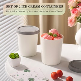 Ice Cream Containers，Set of 2 Ice Cream Containers for Homemade Ice Cream（1 Quart Each），Reusable Plastic Homemade Large Ice Cream Storage Containers Ice Cream Cups with Silicone Lids for Freezer
