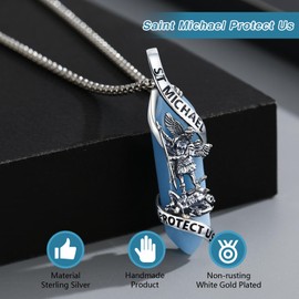 YueYuan Religious Saint Michael Necklace 925 Sterling Silver Saint Patron Saint Pendant Amulet Jewellery Gift for Men Women Blue Striped Stone, One size, Sterling Silver, Crystal