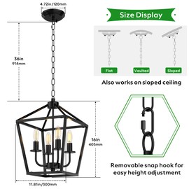 Phaosio Farmhouse Lantern Chandelier 4-Light, Industrial Black Ceiling Light Fixture with Rustic Open Cage and Adjustable Hanging Height, E12 Base for Kitchen Island, Dining Room, Entryway, Foyer