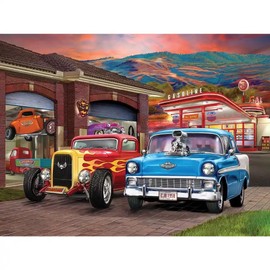 Bits and Pieces – 100 Piece Jigsaw Puzzle for Adults – Hot Rod Sunset - Large Lettered Pieces Colorful Classic Cars Jigsaw Puzzle, Completed Puzzle Size: 15" x 19"
