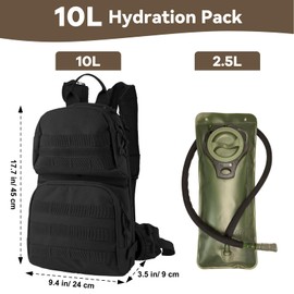 Hannibal Tactical Hydration Pack, 10L Water Backpack with 2.5L Water Bladder, MOLLE System for Outdoor Hiking, Biking, Running, Black