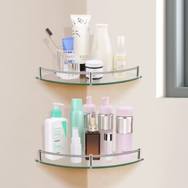 GerayMer Glass Bathroom Shelves - Set of 2 Corner Shelves, Shower and Wall Mount, Floating Glass Shelves for Bathroom, Kitchen, Living Room (Silver)