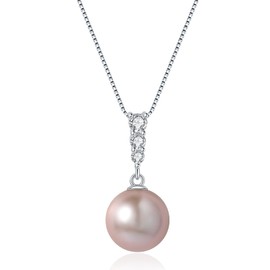 YAMI Pearl Pendant Necklace, 11-12mm Freshwater Cultured Round Pearl in Manta Rose, 9925 Sterling Silver Necklace with 18+2IN Adjustable Chain, Three CZ Diamond, Luxury Jewelry Gifts for Women