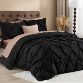 Litanika Black King Pinch Pleat Duvet Cover, 3 Pieces Pintuck Cover Soft Microfiber Bedding Set with Zipper Closure & Corner Ties(104x90Inch-1 Duvet Cover, 2 Pillowcases)