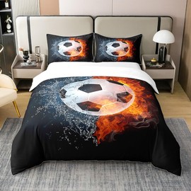 Abstract Football 100% Cotton Duvet Cover Red Falme Blue Water Print Modern Bedding Set for Kids Teens Adults Extreme Sports Competition Style Comforter Cover with 2 Pillowcases Queen Size 3 Pcs