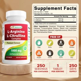 Complejo L-arginina L-citrulina 1000 Mg, 250 Tabletas