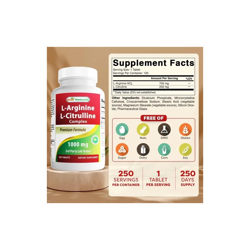 Complejo L-arginina L-citrulina 1000 Mg, 250 Tabletas