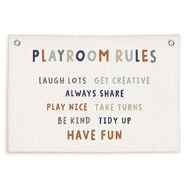 Lacama Play Room Wall Decor Rules Linen Banner, Kids PlayRoom Decor for Kids Nursery Home School, Nursery Wall Decor Toddler Boys, 30x20