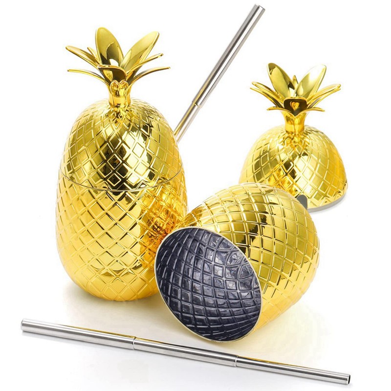 4 Pack Pineapples Drink Cups, 450Ml Gold Pineapples Tumbler with