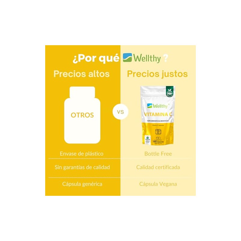 Wellthy Vitamina C 180 Cápsulas. 300mg, Solo 1 Cápsula al