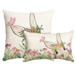 AVOIN colorlife Easter Floral Garland Bunny Throw Pillow Cover Set of 2, 12 x 20 and 18 x 18 Inch Spring Rabbit Holiday Cushion Case Decoration for Sofa Couch