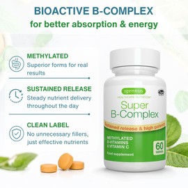 Igennus Super B-Complex - High Absorption Methylated B Vitamins, Clean Label, Sustained Release - Complete Spectrum of B Vitamins with Folate, Boosted B12 & Vitamin C, 60 Tablets