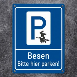 Hexebesen - Bitte hier parken Metal Sign in 15 x 20 cm Eye-catching Blue P Symbol Witch with Broom Parking Humorous