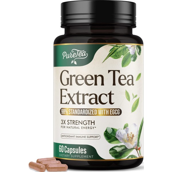 PureTea Green Tea Extract Pills 1000mg with EGCG - 98% Standardized Polyphenols - 3X Absorption Green Tea Capsules for Natural Energy - Heart Support with Antioxidants, Gentle Caffeine - 60 Capsules
