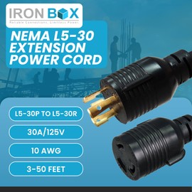 IronBox Electric - Heavy Duty NEMA L5-30 Extension Power Cord - 30A/125V UL Listed Extension Cord - Power Cable for RVs, Generators, and Power Tools - Ideal for Indoor & Outdoor Use(Molded, 15 feet)