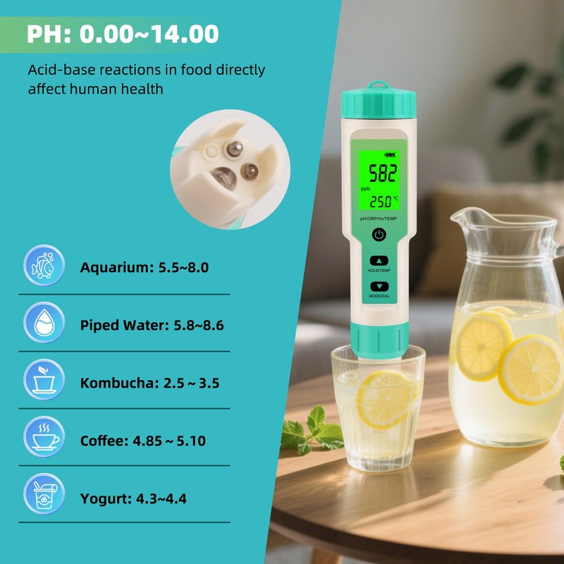 Hydrogen Water Tester, 4-in-1 pH H2 ORP Temp Meter, High