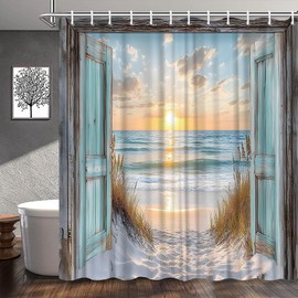 Ocean Beach Teal Barn Door Shower Curtain Hawaiian Sunset Scenery Sea Wave Retro Wooden Rustic Nature Art Printed Bathroom Decor Polyester Fabric Curtains with Hook 70Wx70H Inches