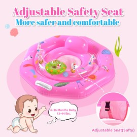 Baby Pool Float with Canopy UPF50+ Sun Protection, Inflatable Infant Pool Float with Adjustable Safety Seat & Toy Play Console，Baby Floatie for 6-36 Months Boys & Girls，Safety Handles & Leashes（Pink）