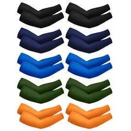 Boao 10 Pairs UV Sun Protection Arm Sleeve for Men Women Work Cooling Compression Tattoo Cover Up Sleeves for Cycling Fishing (Black, Royal Blue, Army Green, Orange, Navy Blue)