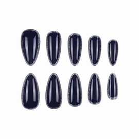 MERVF Almond Press on Nails Medium Fake Nail Dark Blue Acrylic Stiletto Glue ons Nails Glitter Sliver Design Supplies DIY Manicure Glossy 24pcs