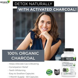 Renew Actives Renew Actives Activated Charcoal Supplement 1100MG per 2 Capsules - Digestive Support & Teeth Whitening Formula, No Artificial Ingredients - Made in Canada - 60 Capsules