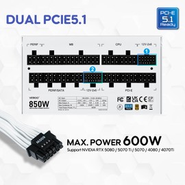 Vetroo 850W Power Supply Dual PCIe 5.1 ATX 3.1 Ready, 80 Plus Gold Full Modular, Quiet Operation with 120mm FDB Fan, 10-Year Warranty - White