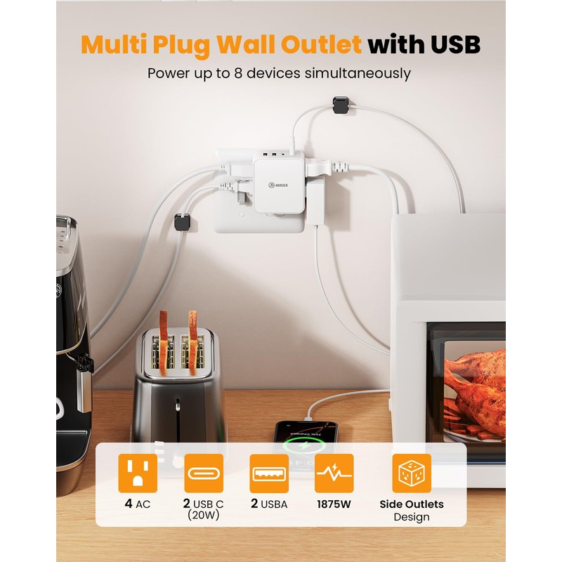 HONIZER Flat Outlet Extender with 4AC Side Outlet,Multi Plug with