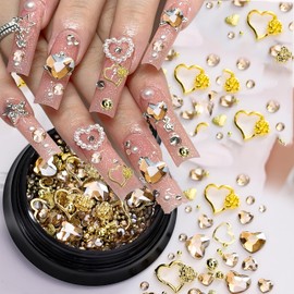 Heart Nail Charms, 300Pcs Heart Nail Charms Gold Heart Rhinestone Charms Golden Y2k Alloy Nail Art Charms 3D Crystal Diamond Nail Decorations Accessories Supplies for Crafts