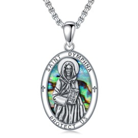 PROESS St Dymphna Necklace 925 Sterling Silver Abalone Shell Protector Saint Dymphna Pendant Medal Necklace Catholic Jewelry Presents for Women Men
