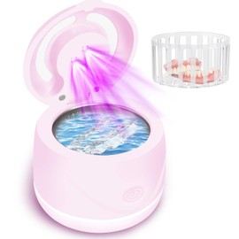 Ultrasonic Retainer Cleaner, Dental Cleaning Pod for Dentures, Mouth Guards, Aligner, Toothbrush Heads, Jewelry with Strainer Basket, 45kHz Ultrasonic Cleaner for All Dental Appliances (Pink)