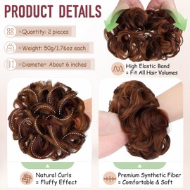 FeidyLong 2 PCS Messy Bun Hair Piece Wavy Curly Scrunchies Synthetic Chignon Ponytail Hair Extensions Thick Updo Hairpieces for Women Girls(Light Auburn mix Darker)