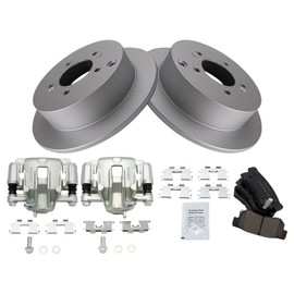 TRQ Rear Brake Pad & Rotor Kit Brake Caliper Brake Pads Brake Rotor Ceramic Solid Premium G-Coated Compatible with 2009 Hyundai Tucson 2005-2010 Kia Sportage