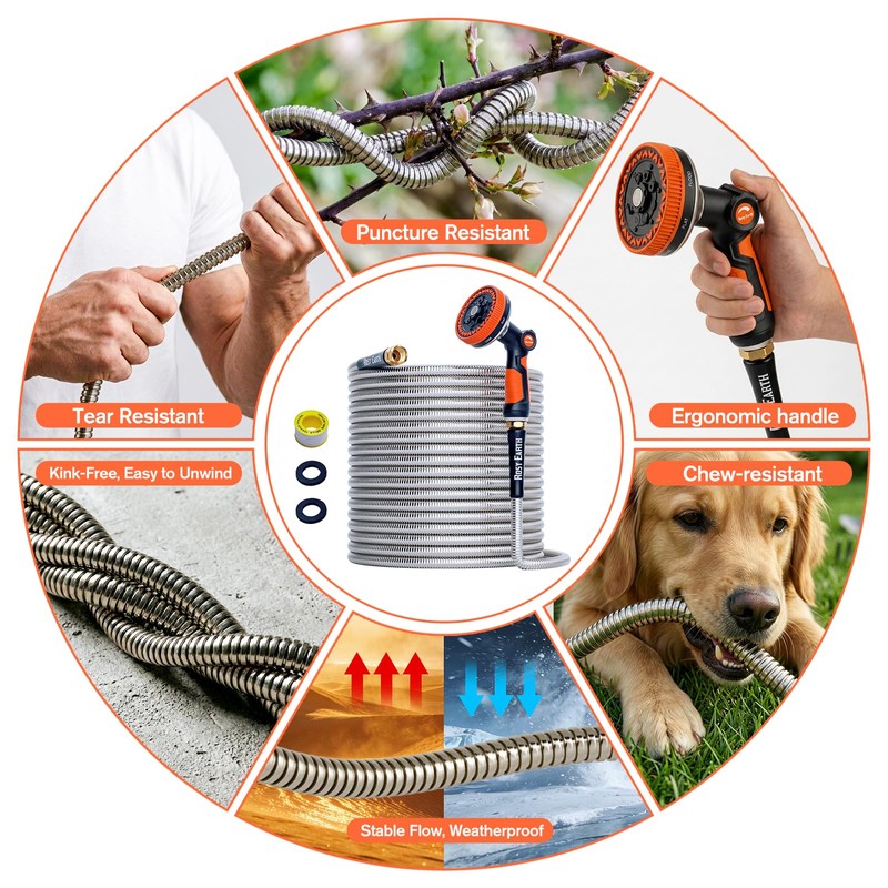 Rosy Earth Metal Garden Hose 25ft, Lightweight Steel Water Hose