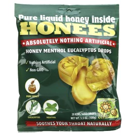 Honees Honees Filled Menthol Cough Drops, Honey, Menthol & Eucalyptus Cough Drops- Natural Sore Throat Relief - Nothing Artificial -Throat Lozenges, Non-GMO, Gluten Free (2 Pack –40 Drops)
