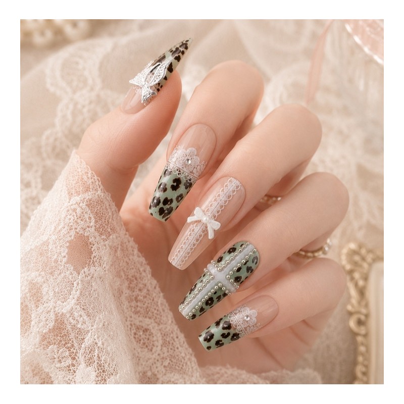 Mint Choco Gyaru Leopard Handmade Nail Tips - Oval L
