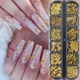 12 Grids Gold Nail Charms Star Moon Metal Nail Art Charms Mixed Shape 3D Alloy Nail Supplies Hollow Stars Nail Jewelry Charms Cute Nail Art Studs for Women DIY Craft Nail Decorations Accessories