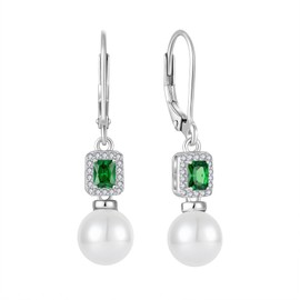 Inpasne Pearl Drop Earrings Dangling 925 Sterling Silver Emerald Earrings Emerald Cut May Birthstone Jewelry for Women