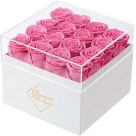 GLAMOUR BOUTIQUE Preserved Roses in a Box - Gifts for Her, Wife & Mom, Rose Flowers Forever Decor for Birthday Gift, Get Well Flower Bouquet Cased in White Box with Cover - Pink - 16-Piece