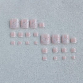 CEWEWP 24 Pcs White Flower Press on Toenails Glitters Fake Toe Nail Nude Pink French Tip Sticker with Glue Summer Full Cover False Fashion Square Short Removable Acrylic Nails for Women Manicure Decor