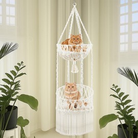 DoubleFill Double Deck Macrame Cat Hammock with Cushion Boho Hanging Bed Swing Cat Tree Door Hanger for Playing Sleeping Climbing and Lounging
